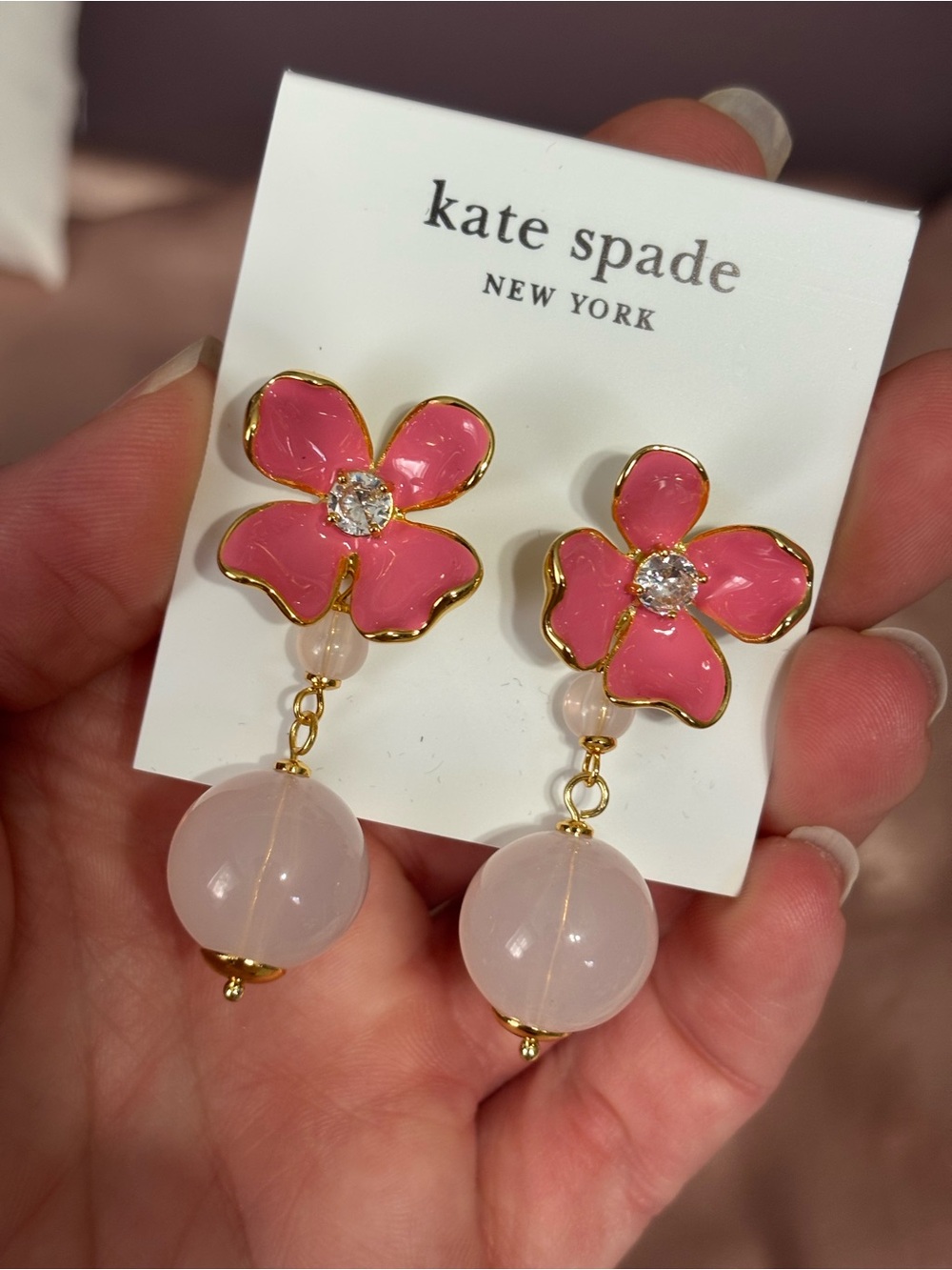 kate spade Pink Enamel Flower Drop Earrings with Rose Bead
